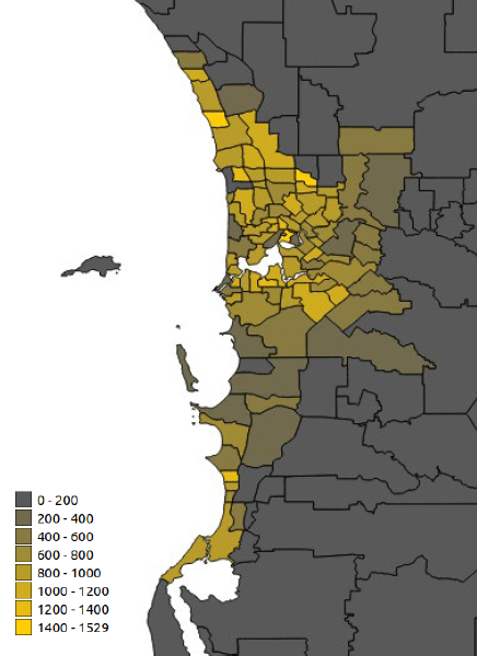 Diagram of Perth Metro divided by suburb, showing uptake of DER as a heat map