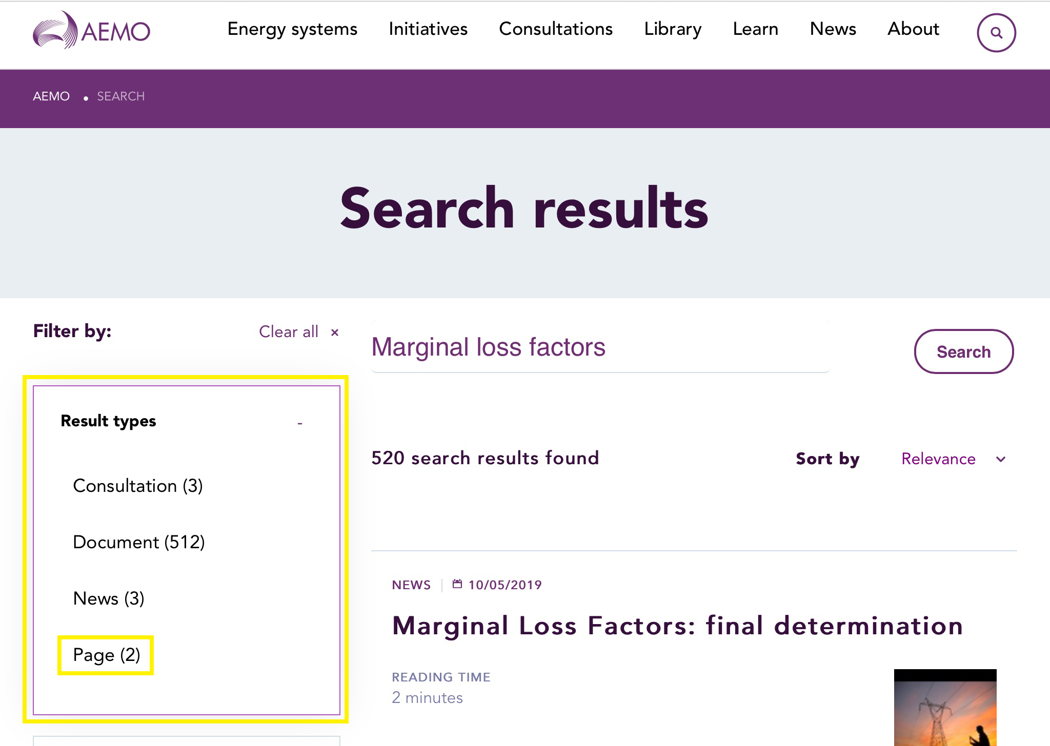 Marginal Loss factors search results screenshot