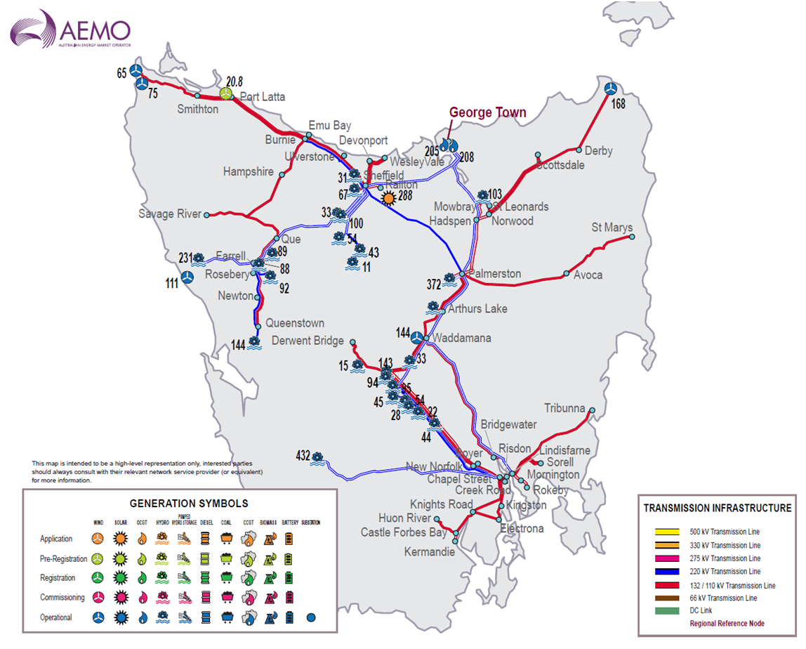 Map of generation in Tasmania