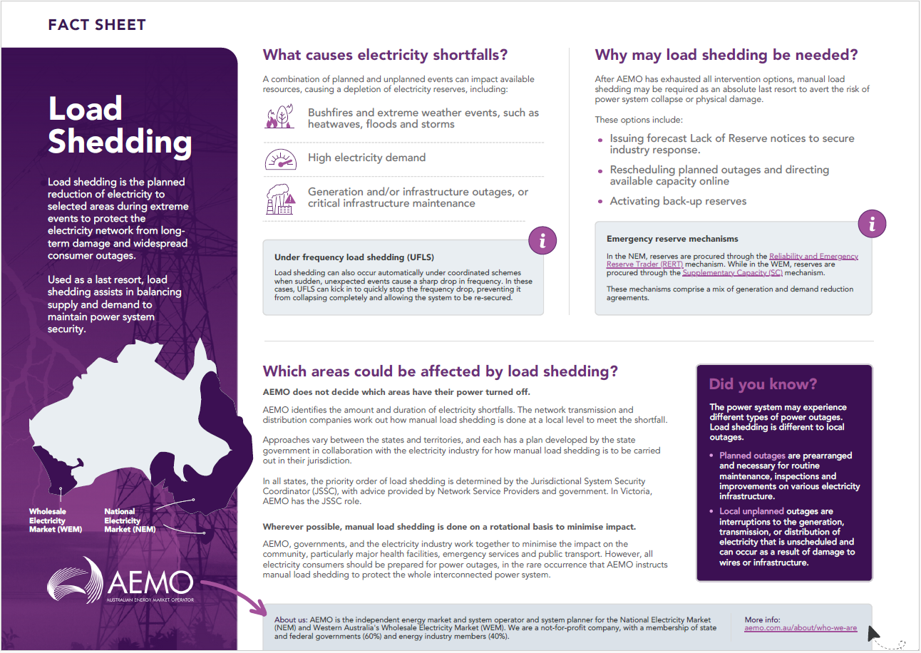 AEMO | Fact sheet: Load Shedding