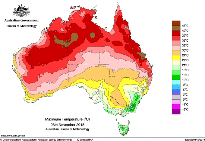 map of Australia demonstrating heatwave in Queensland
