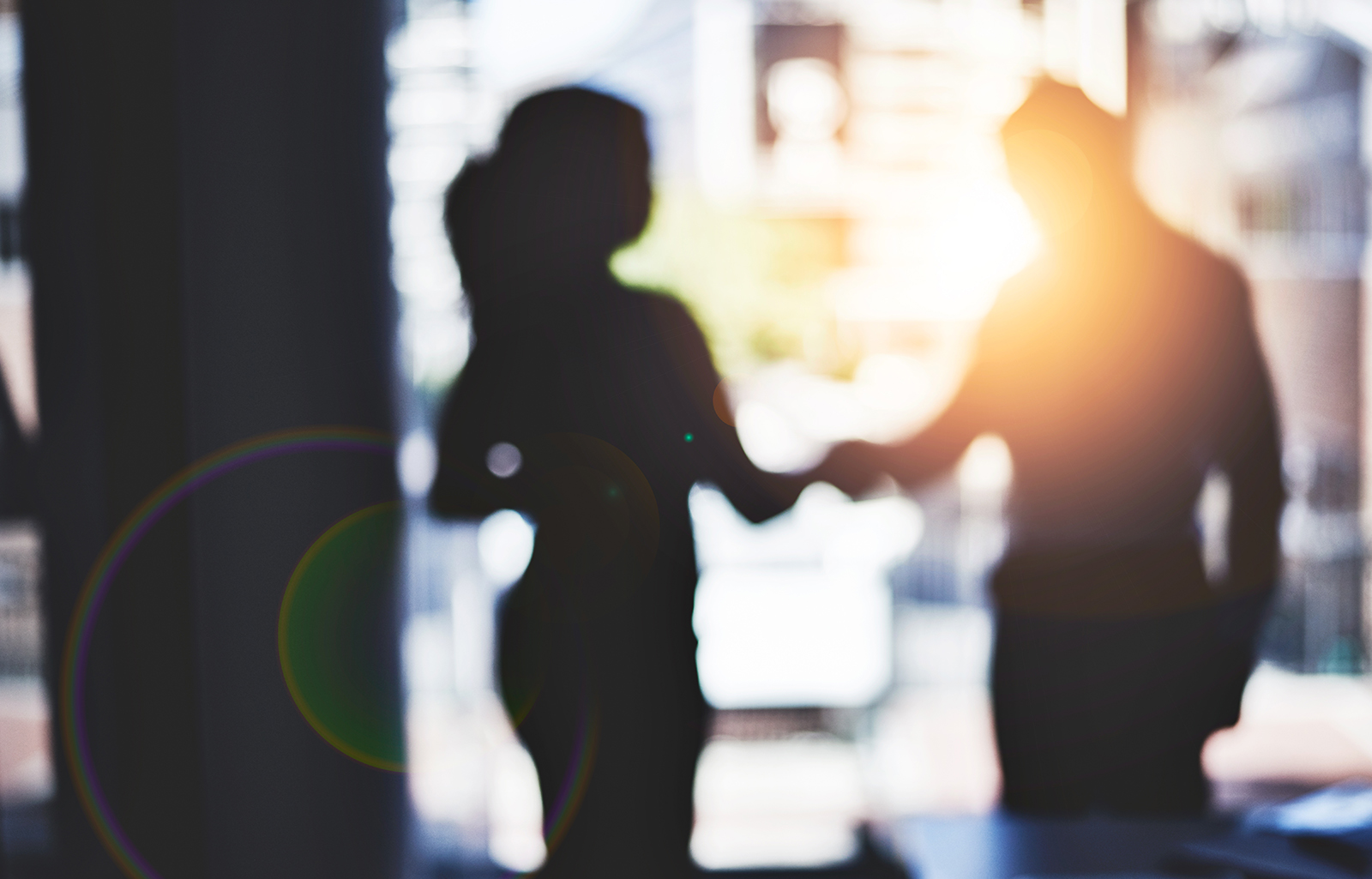 Silhouette of man and woman shaking hands in partnership
