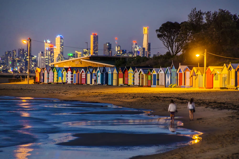 Bathing boxes at Brighton Beach in Melbourne, at night