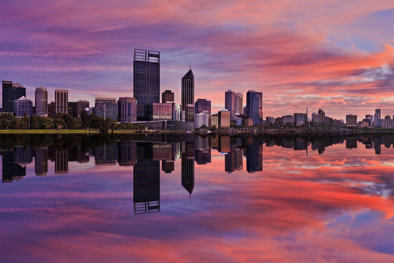 Perth city skyline with pink clouds