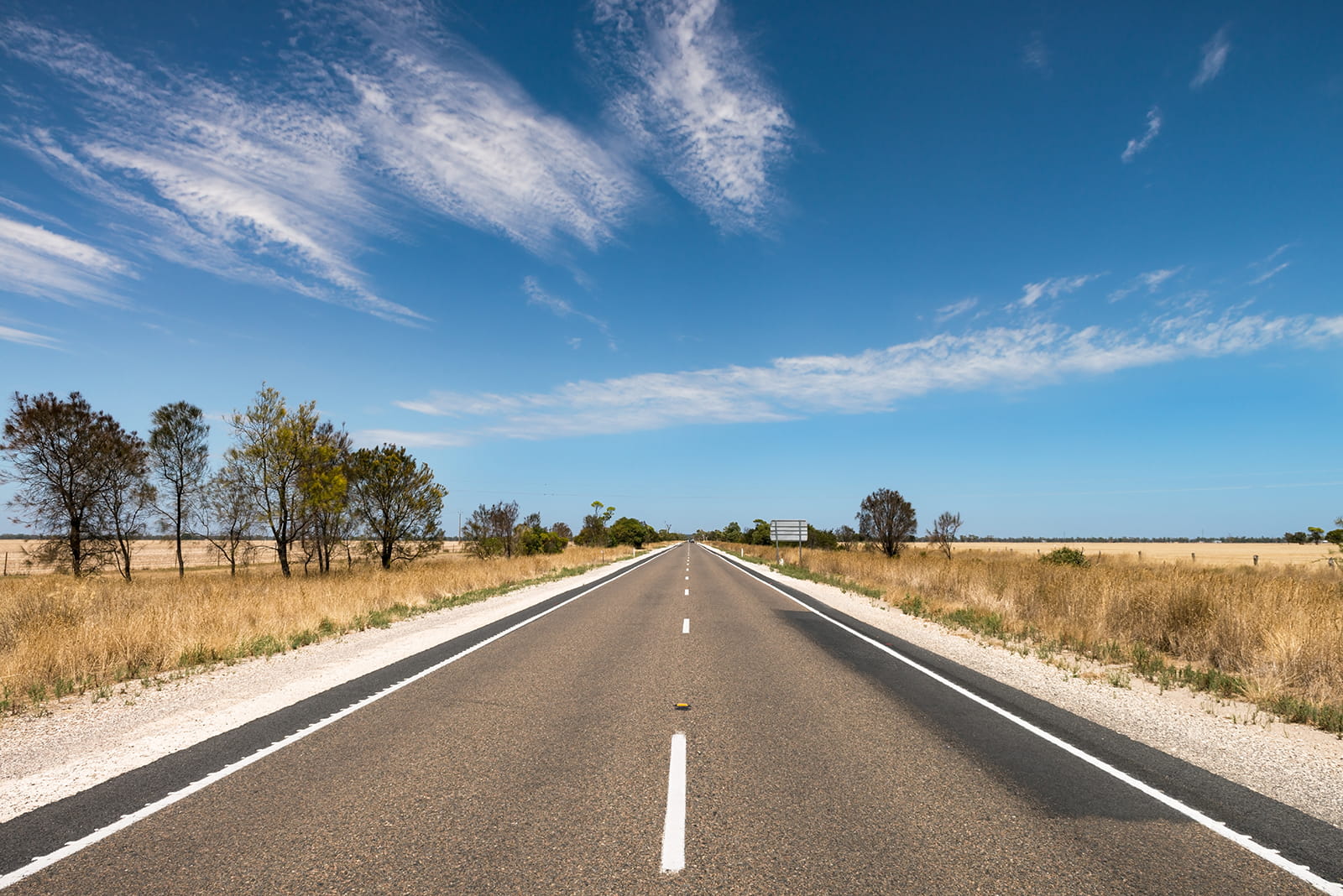 Two lane open road in Australia, blue sky above. 